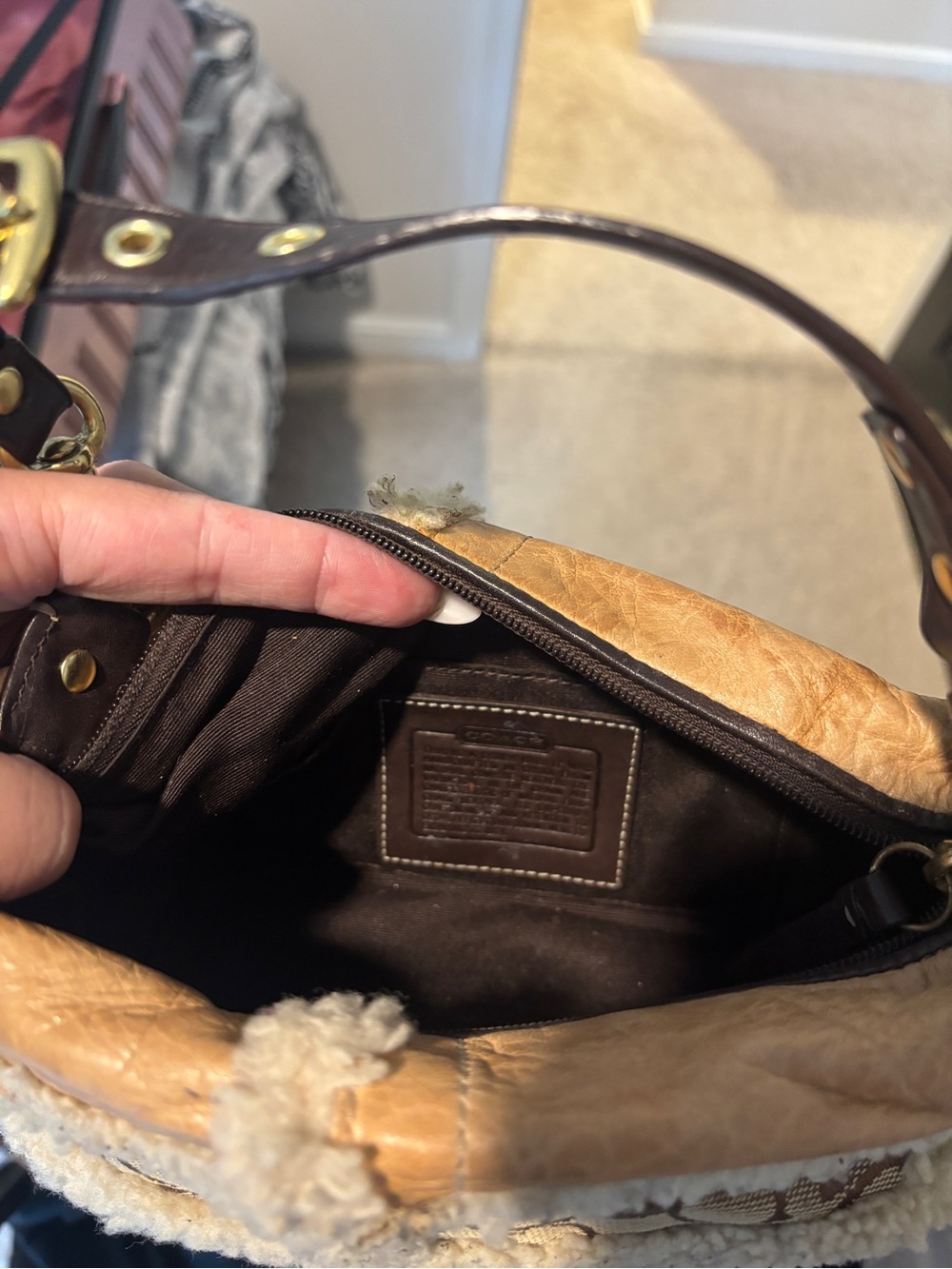 Coach Tan Leather Mini Hobo with Cream Shearling & Brown Signature Stripe - Picture 4 of 4